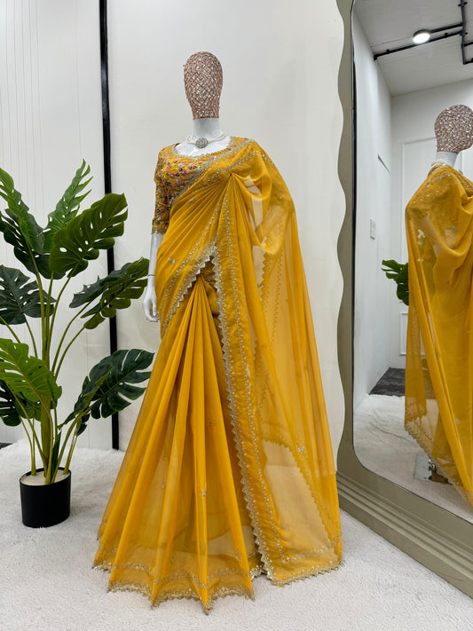 Party Wear Yellow Color Thread & Sequence Work Saree