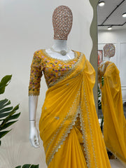 Party Wear Yellow Color Thread & Sequence Work Saree