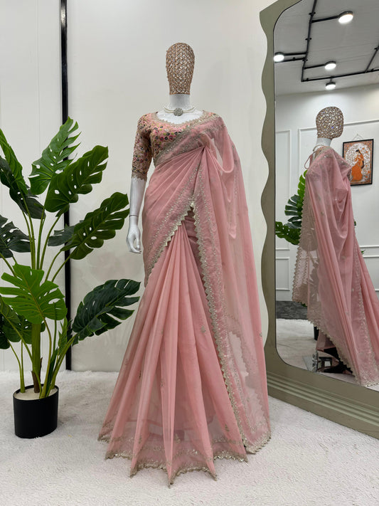 Party Wear Peach Color Thread & Sequence Work Saree