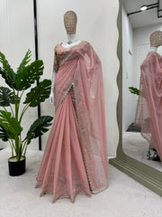 Party Wear Peach Color Thread & Sequence Work Saree