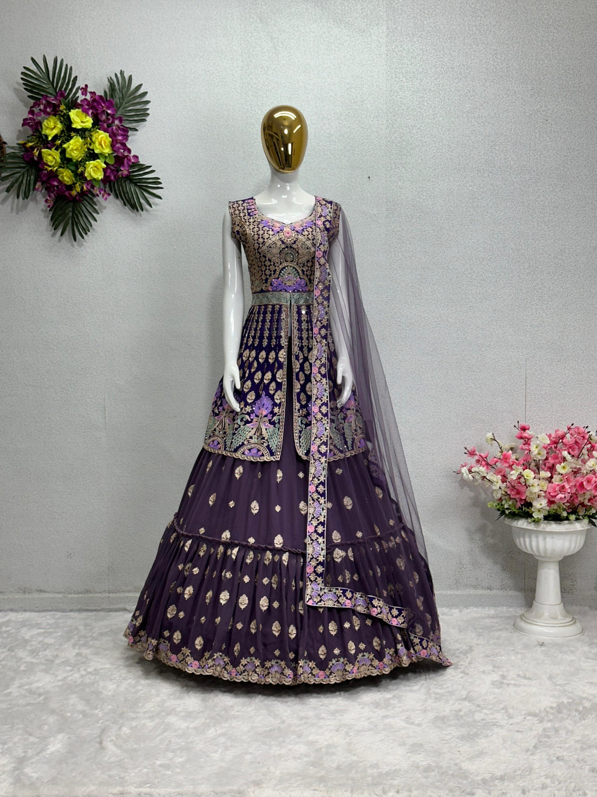 Marvelous Georgette Stitch Work Purple Lehenga With Top