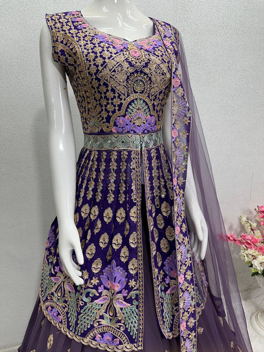 Marvelous Georgette Stitch Work Purple Lehenga With Top