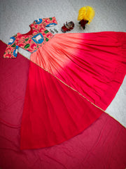 Double Shade Peach With Red Kalamkari Print Anarkali Gown