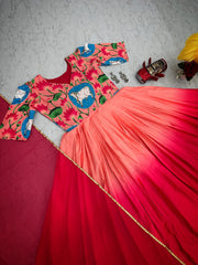 Double Shade Peach With Red Kalamkari Print Anarkali Gown