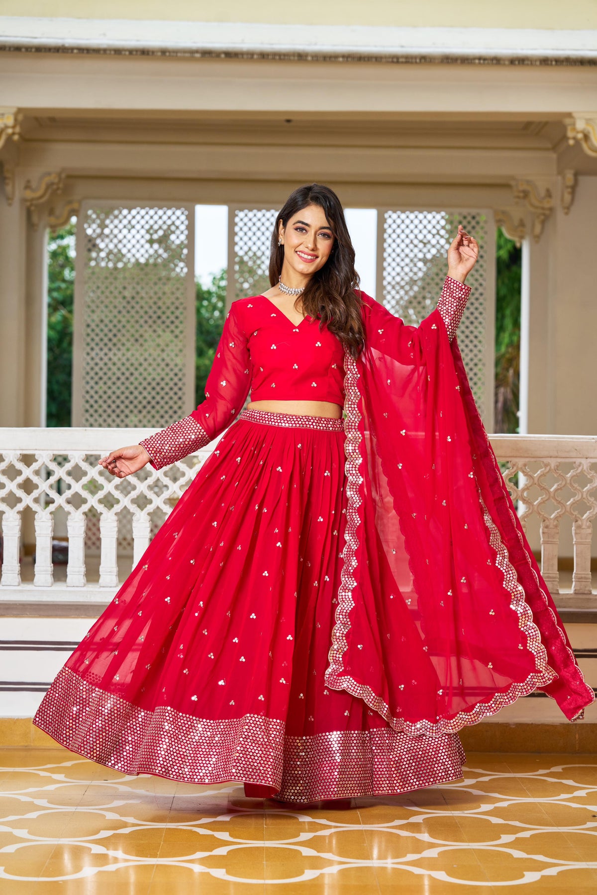 Classic Georgette Red Color Sequence Work Lehenga Choli