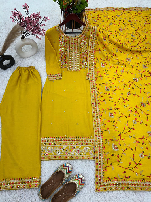 Adorable Chinon Silk Sequence Work Yellow Color Salwar Suit