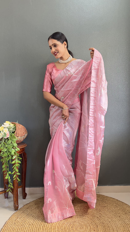 Shining Pink Color Sequence Work Ready To Wear Saree