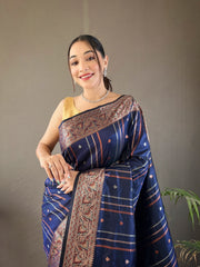 Blissful Jacquard Weaving Border Navy Blue Color Silk Saree