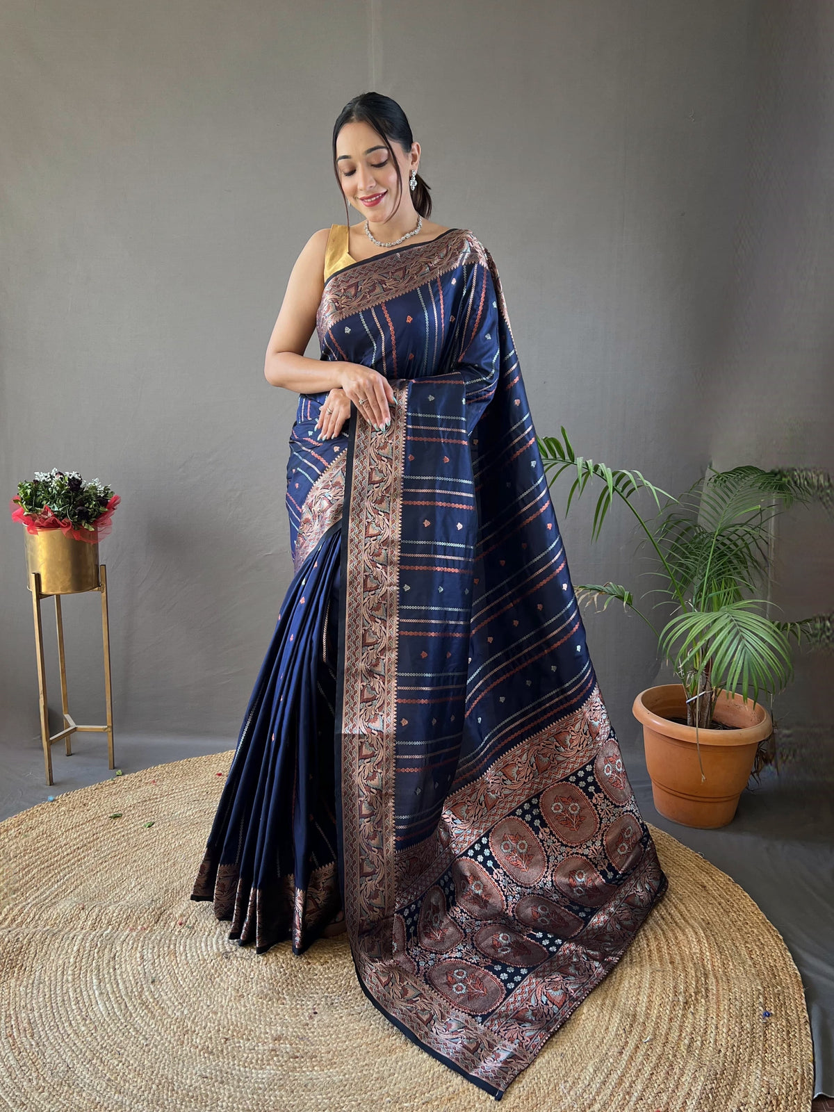 Blissful Jacquard Weaving Border Navy Blue Color Silk Saree