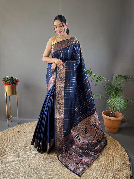 Blissful Jacquard Weaving Border Navy Blue Color Silk Saree