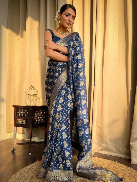 Blissful Blue Color Jacquard Work Lichi Silk Saree