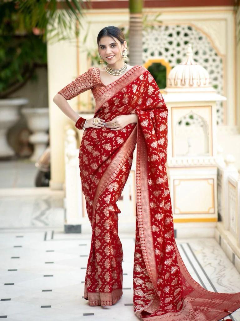 Blissful Red Color Jacquard Work Lichi Silk Saree