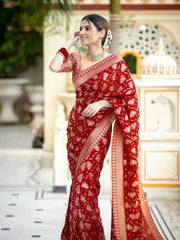 Blissful Red Color Jacquard Work Lichi Silk Saree