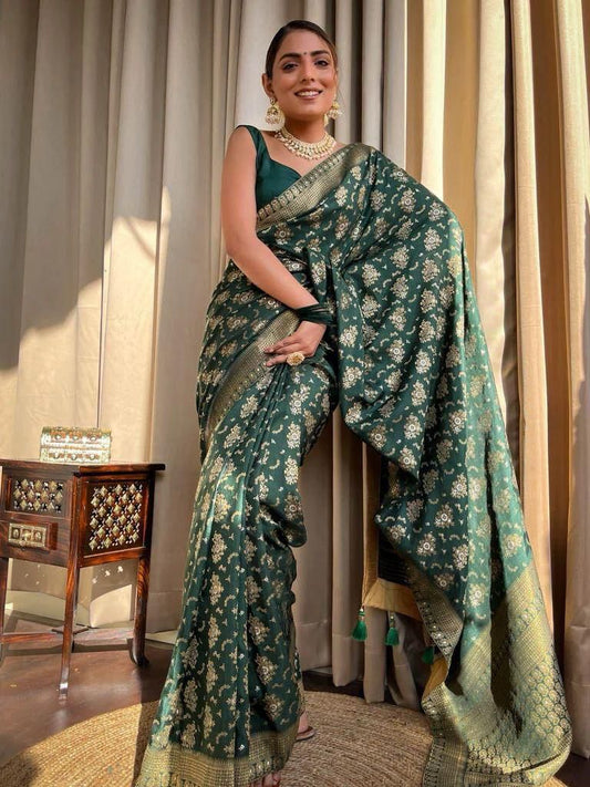 Blissful Green Color Jacquard Work Lichi Silk Saree