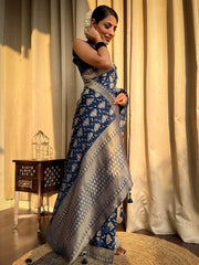 Blissful Blue Color Jacquard Work Lichi Silk Saree