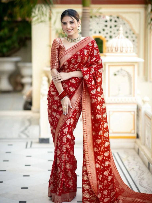 Blissful Red Color Jacquard Work Lichi Silk Saree