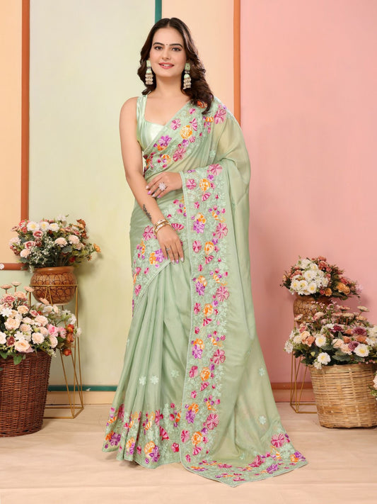 Delightful Organza Silk Embroidery Pista Color Saree