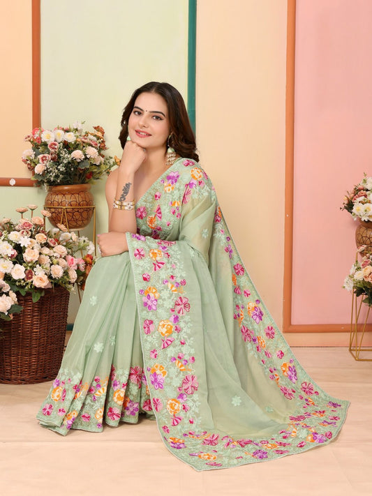 Delightful Organza Silk Embroidery Pista Color Saree