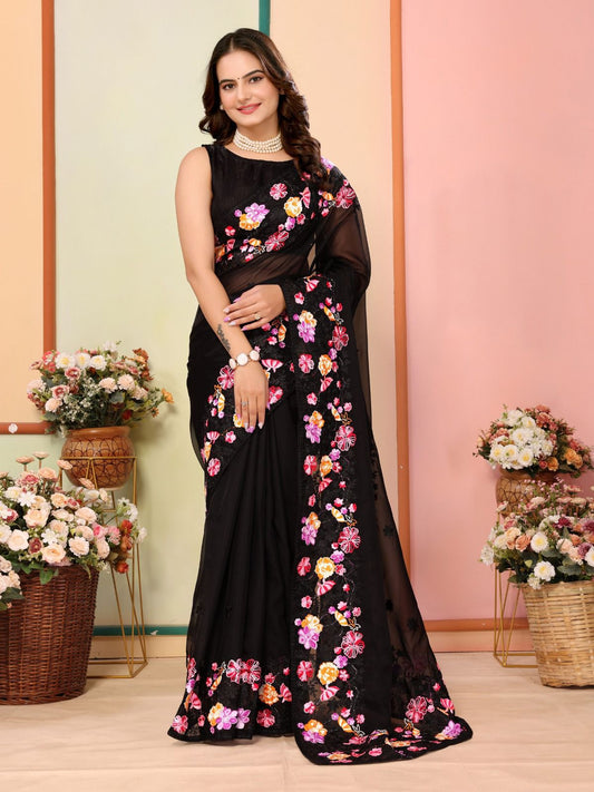 Delightful Organza Silk Embroidery Black Color Saree