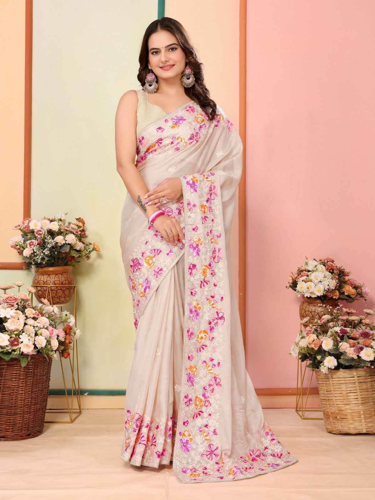 Delightful Organza Silk Embroidery Cream Color Saree