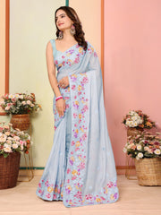 Delightful Organza Silk Embroidery Sky Blue Color Saree