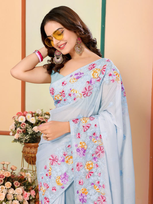 Delightful Organza Silk Embroidery Sky Blue Color Saree