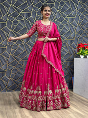 Wedding Wear Embroidery Thread Work Pink Color Lehenga Choli