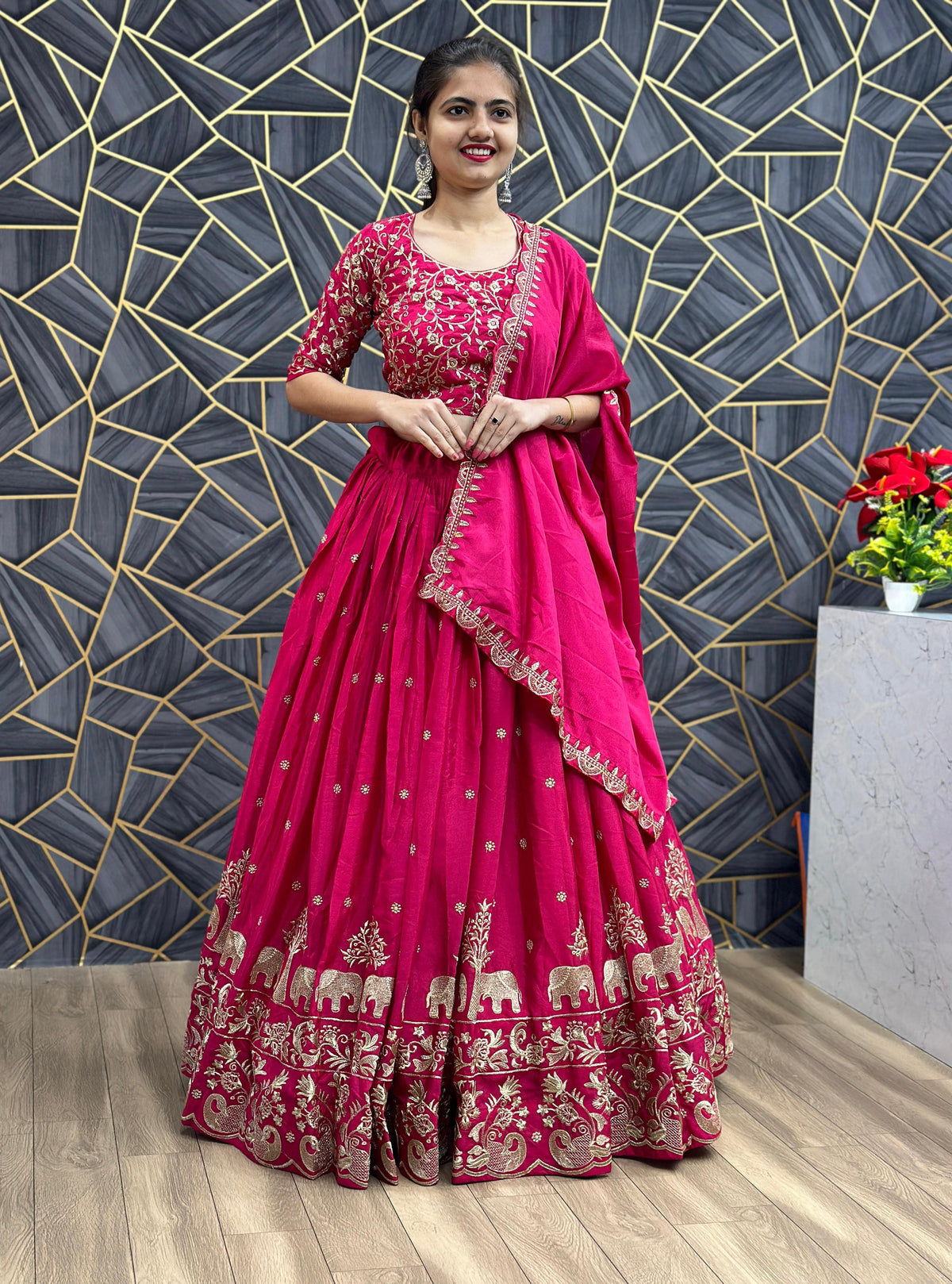 Wedding Wear Embroidery Thread Work Pink Color Lehenga Choli