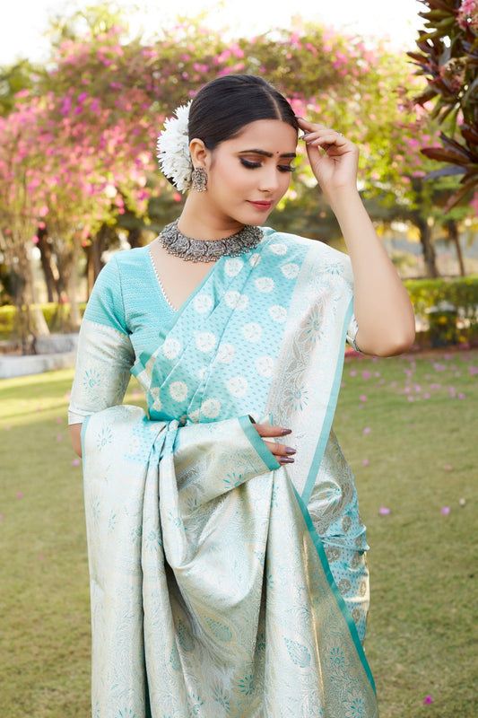 Imposing Kanjivaram Designer Border Sky Blue Color Saree