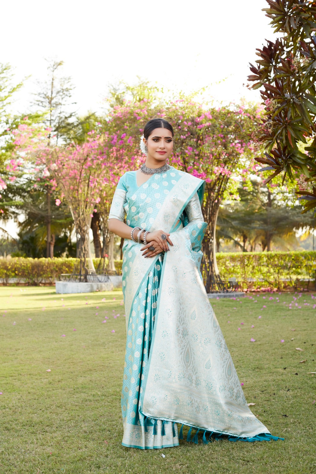 Imposing Kanjivaram Designer Border Sky Blue Color Saree