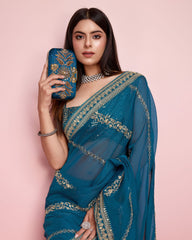 Ceremony Wear Embroidery Work Teal Blue Color Saree