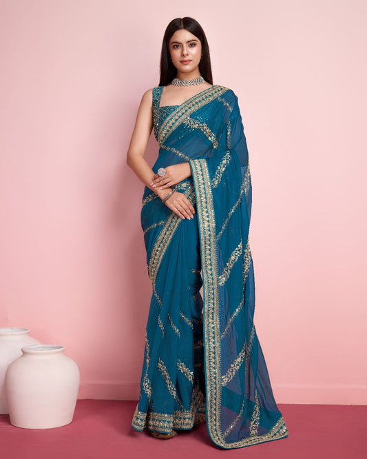 Ceremony Wear Embroidery Work Teal Blue Color Saree