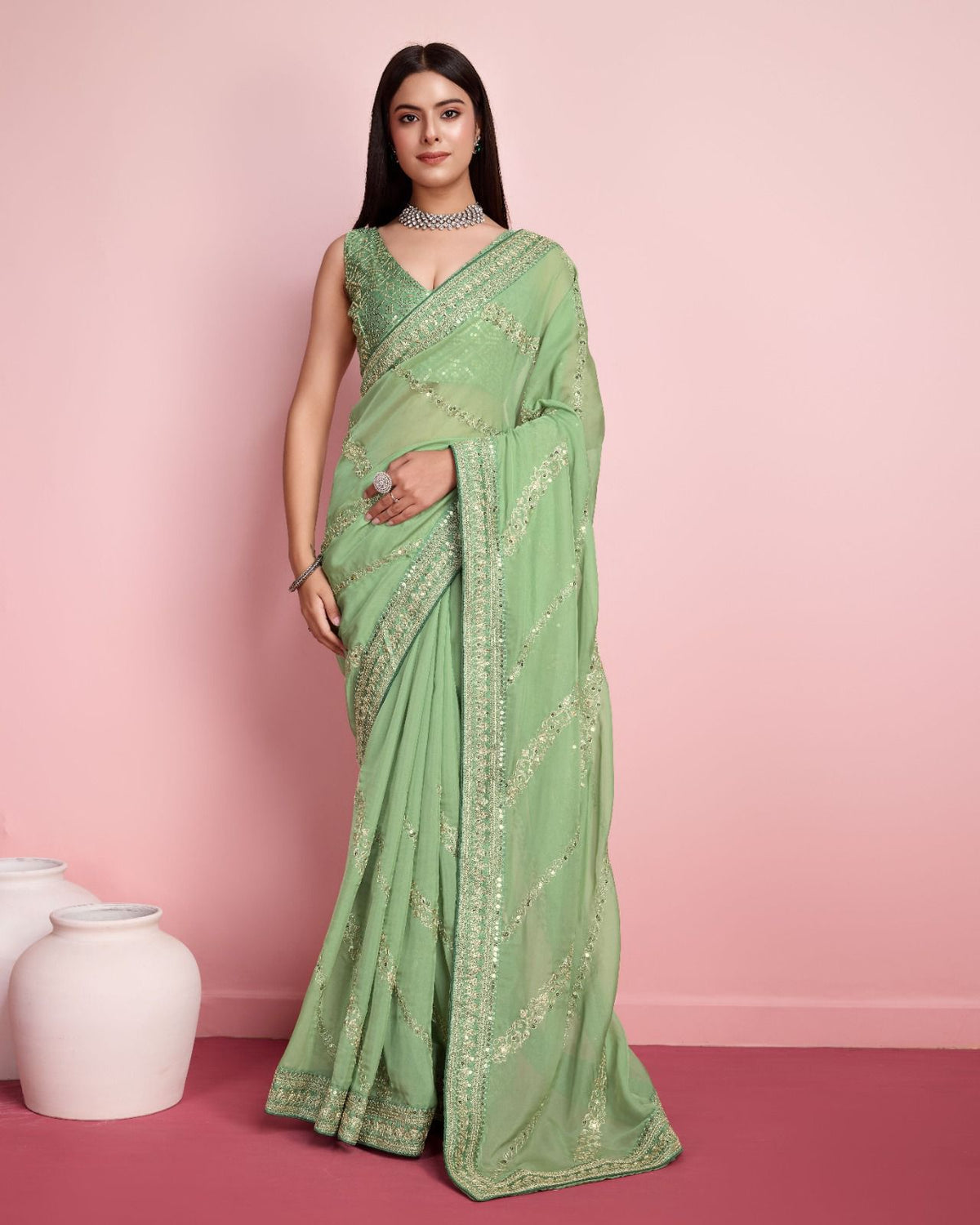 Ceremony Wear Embroidery Work Pista Color Saree