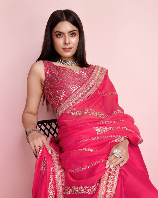 Ceremony Wear Embroidery Work Pink Color Saree