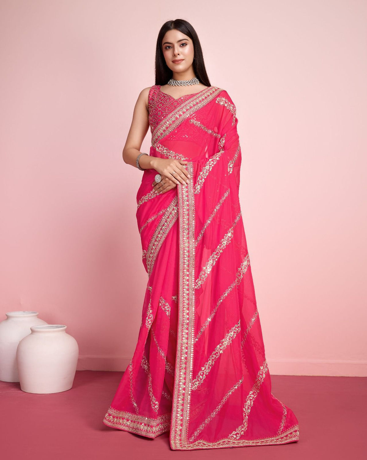 Ceremony Wear Embroidery Work Pink Color Saree