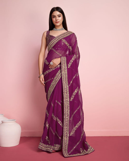 Ceremony Wear Embroidery Work Wine Color Saree