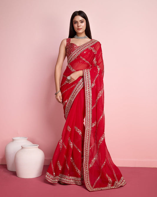 Ceremony Wear Embroidery Work Red Color Saree