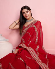 Ceremony Wear Embroidery Work Red Color Saree