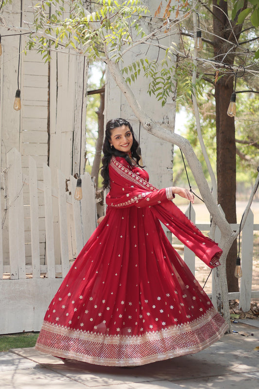 Presenting Red Color Sequence Work Gown With Dupatta