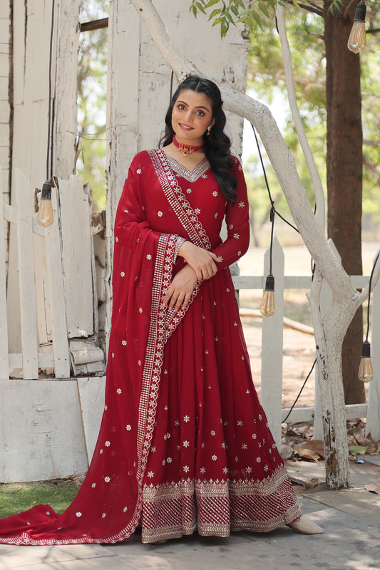 Presenting Red Color Sequence Work Gown With Dupatta