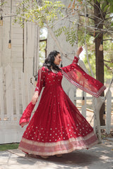 Presenting Red Color Sequence Work Gown With Dupatta