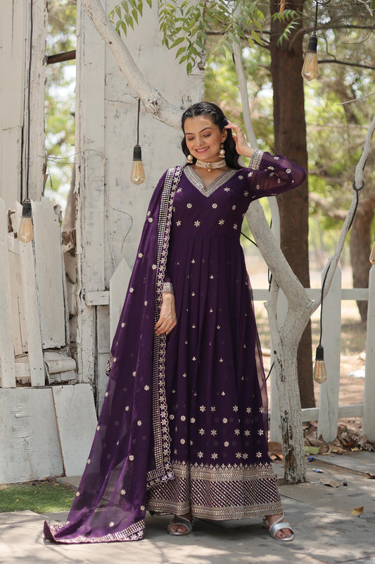 Presenting Purple Color Sequence Work Gown With Dupatta