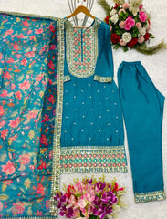 Superhit Teal Blue Color Embroidery Work Salwar Suit