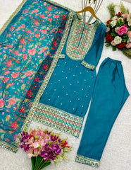 Superhit Teal Blue Color Embroidery Work Salwar Suit