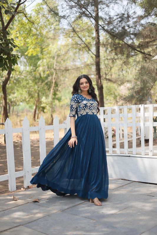 Elegant Teal Blue Color Embroidery Zari Sequence Work Gown