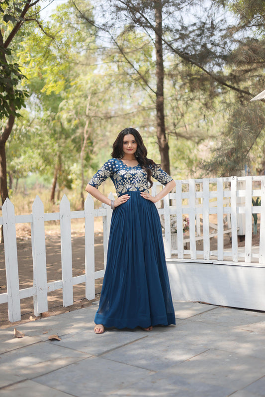 Elegant Teal Blue Color Embroidery Zari Sequence Work Gown