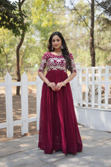 Elegant Maroon Color Embroidery Zari Sequence Work Gown