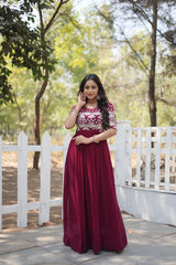 Elegant Maroon Color Embroidery Zari Sequence Work Gown