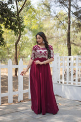 Elegant Maroon Color Embroidery Zari Sequence Work Gown