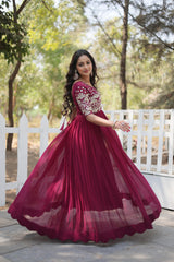 Elegant Maroon Color Embroidery Zari Sequence Work Gown